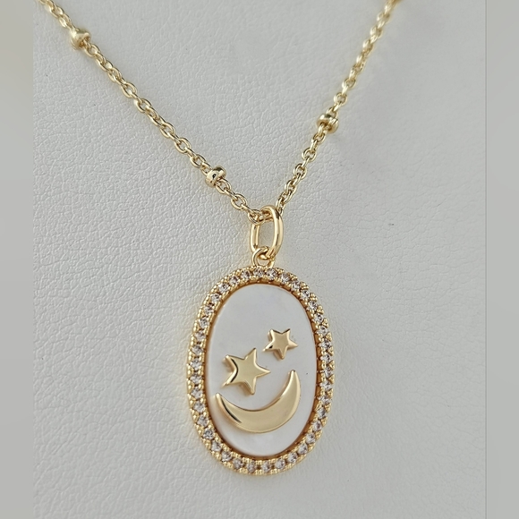 Champagne Gold Necklace with Mother Of Pearl, Oval Star and Moon - Picture 5 of 8
